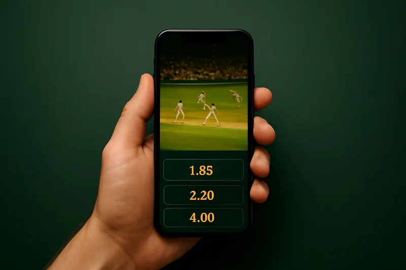 Hand holding smartphone showing live cricket match with real-time odds