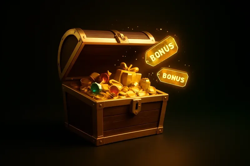 Golden treasure chest bursting with coins, gems, and bonus gifts