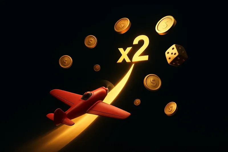 Red airplane crash game with multiplier trail, coins and dice