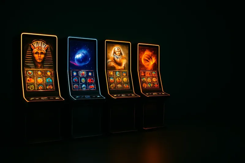 Five vivid video slot screens with neon lighting and fantasy themes